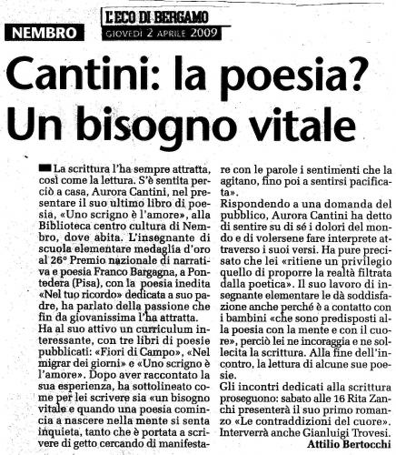 Articolo da "L'Eco di Bergamo" per presentare libro di poesie "Uno scrigno è l'amore" di Aurora Cantini 